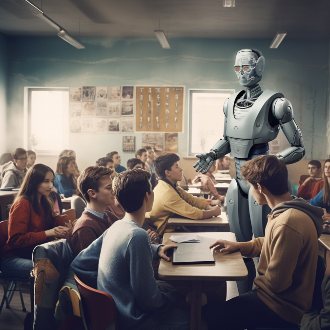 Un robot debout au milieu d'une classe remplie d'élèves. Le robot sembles d'expliquer quelque chose aux étudiants