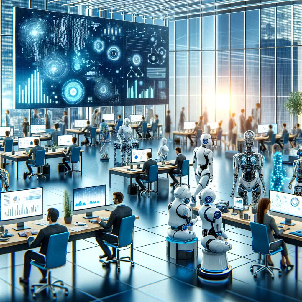 Plusieurs robots et hommes qui travaillent ensemble dans un gros bureau rempli d'ordinateur