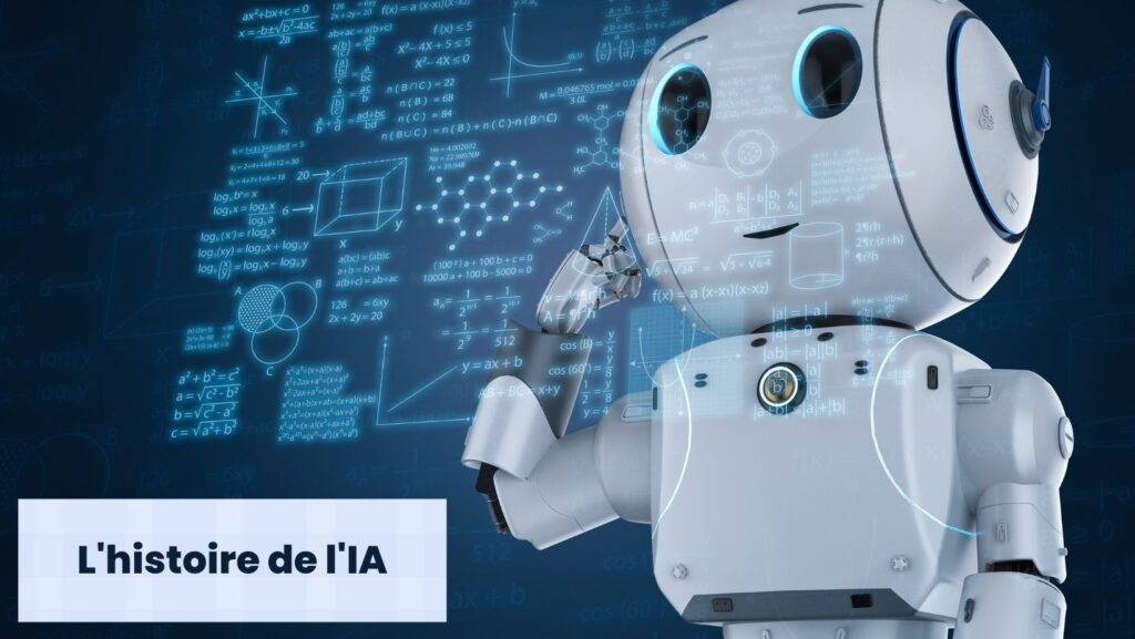 un petit robot qui regarde des formules mathématiques , physiques et chimiques avec "L'histoire de l'IA" écrit dans le coins bas à gauche
