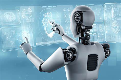 Un robot qui touche l'image d'un cœur sur une tablette holographique