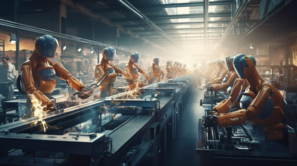 Beaucoup de robot qui travaillent dans une usine de fabrication