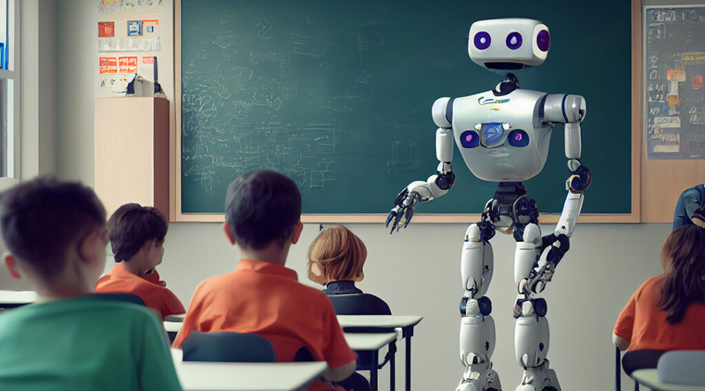 Un robot debout devant une classe remplie d'élèves à côté d'un tableau