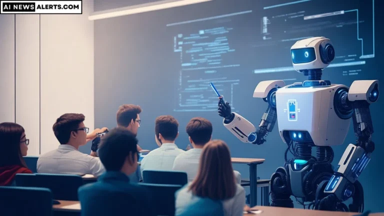 un robot en avant d'une classe, remplis d'élèves, qui enseigne