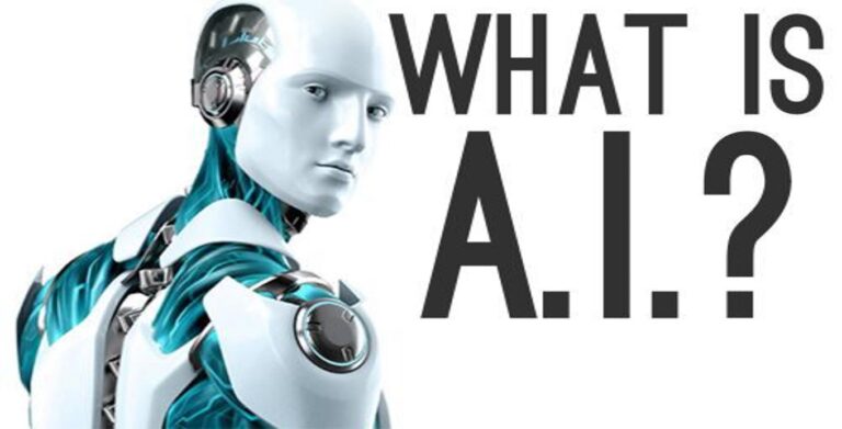 un robot futuriste avec ``WHAT IS A.I.?'' écrit à côté