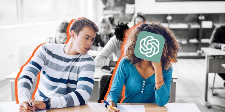 un élève qui triche sur la copie de la personne assise a côté de lui qui a le logo de ChatGPT de superposé sur sa face