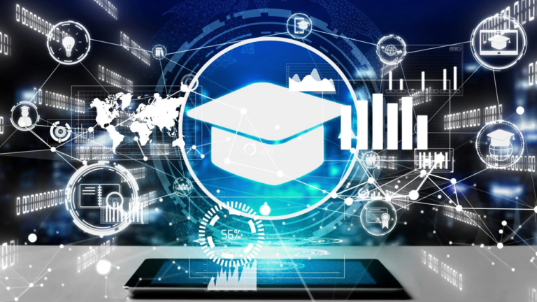 un mortier de graduation au milieu d'une image rempli d'images technologiques